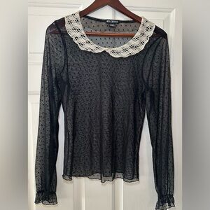 Miss Chievous Med‎ Boutique Boho Black Lace Unlined Long Sleeve Collared Top.